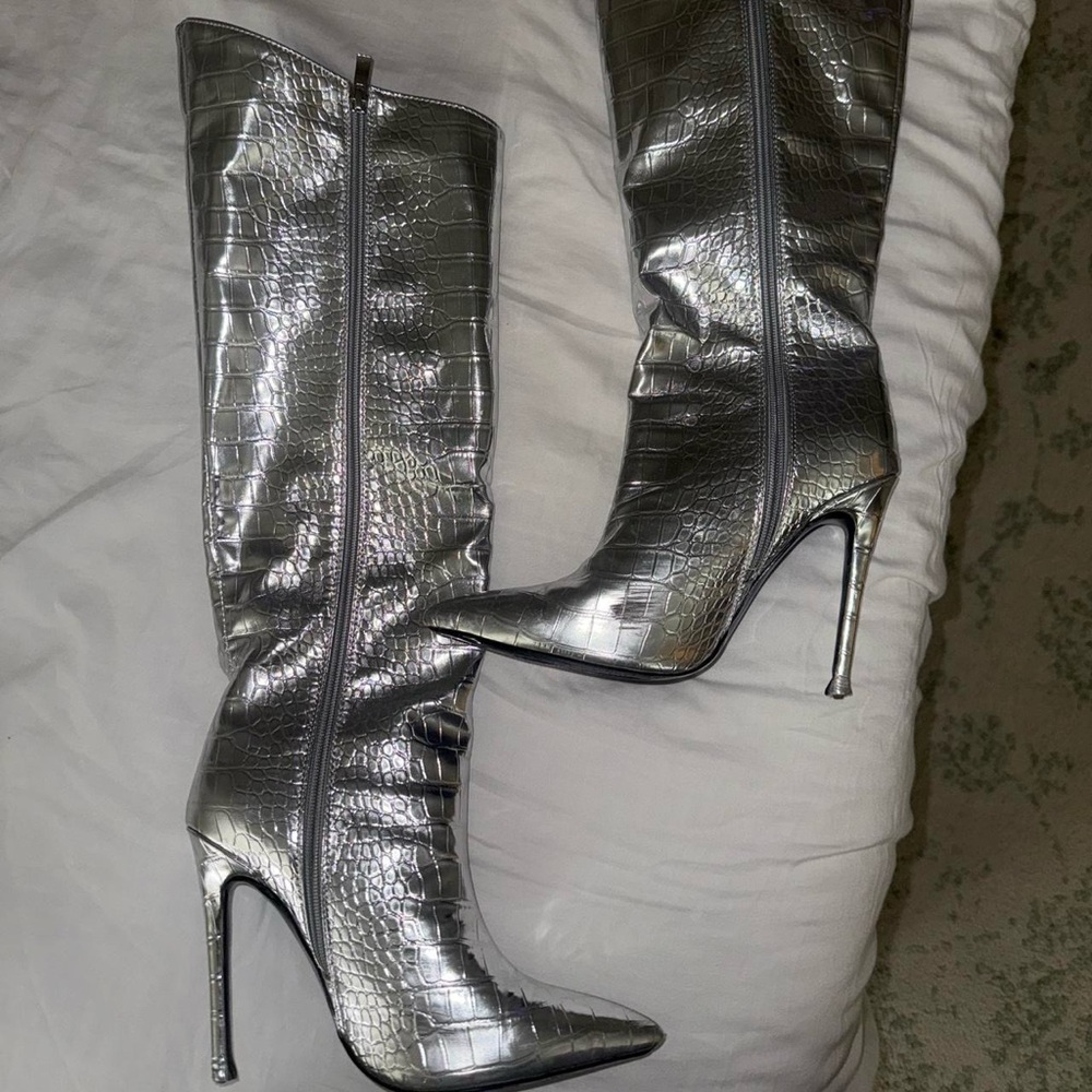 Silver High Heel Croc-Embossed Boots